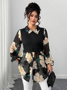SHEIN Elenzya Plus Size Women Floral Print Ruched Casual Versatile Daily Wear Long Sleeve Top - Multicolor - View 3