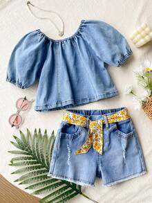 SHEIN Girls (Small) 3 PiecesCasual Denim Set, New Fashionable Minimalist Design, Blue Washed Denim - Blue - View 1