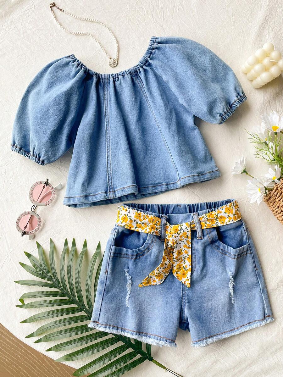 SHEIN Girls (Small) 3 PiecesCasual Denim Set, New Fashionable Minimalist Design, Blue Washed Denim - Blue - View 1