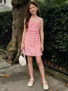 SHEIN Tween Girls' Sweet Ditsy Floral Ruffle Strap Summer Dress - Pink - View 5