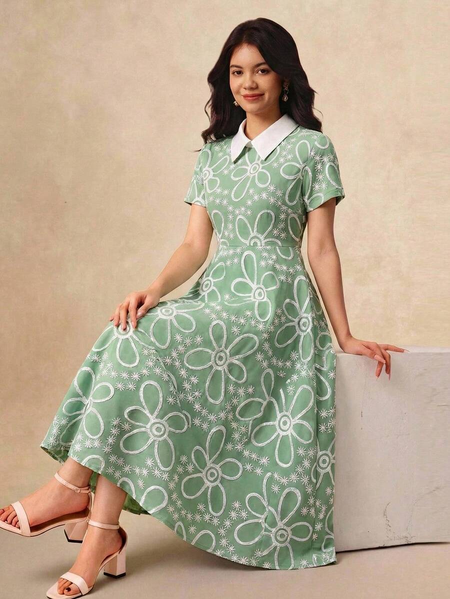 SHEIN 菱形领，提花织纹面料，法式A字长裙，优雅高腰修身，时尚优雅，适合少女夏季穿着的中长连衣裙，女士夏季连衣裙，彼得潘领连衣裙，短袖连衣裙，印花连衣裙 - 綠色 - 查看 1