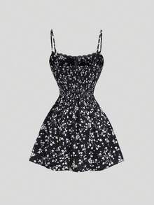 Sweetra New Ditsy Floral Camisole Contrast Lace Bow Tie Dress - Black - View 2