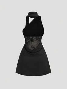 Sweetra Vestido negro de mujer con tirantes anudados en el hombro asimétrico para primavera/verano, vestido mini ajustado de unicolor y elegante con un toque de madurez - Negro - Ver 1