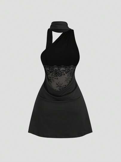 Sweetra 女士春夏不对称肩带黑色连衣裙，时尚纯色修身迷你连衣裙，优雅成熟风范