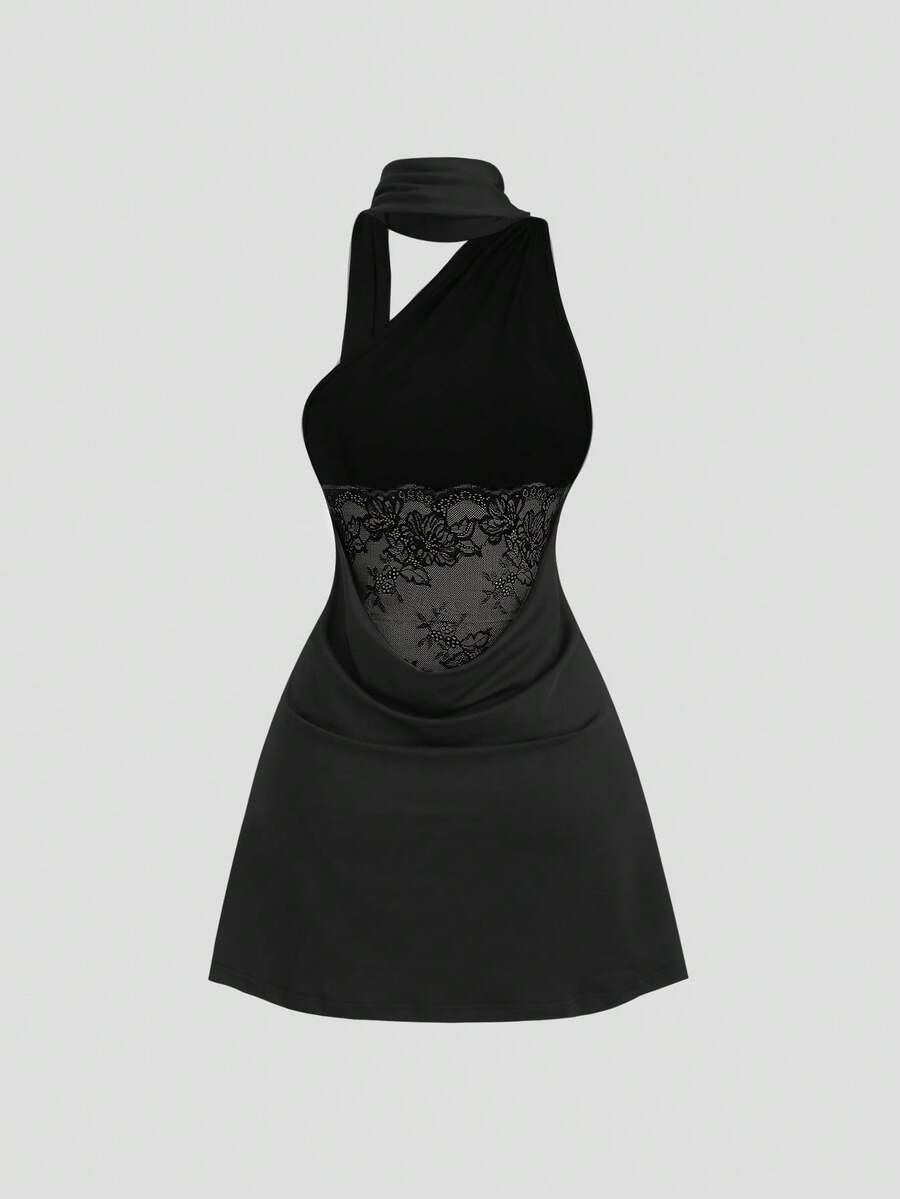 Sweetra Vestido negro de mujer con tirantes anudados en el hombro asimétrico para primavera/verano, vestido mini ajustado de unicolor y elegante con un toque de madurez - Negro - Ver 1