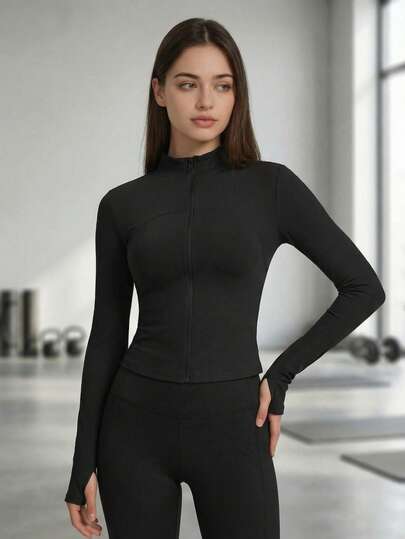 Top Deportivo Ajustado para Mujer con Cremallera Frontal, Cuello Alto y Manga Larga, Chaqueta Fitness Elástica para Yoga y Gym