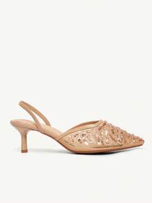CUCCOO CHICEST Women's Embroidered Mesh Beaded Square Toe Mid-Heel Slip-On Pumps, Elegant Party Wear Stilettos - Apricot - View 5