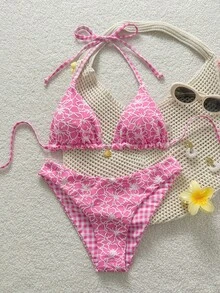 Swim Mod Women's Sweet Pink Floral Patterned Reversible Bikini Set - Multicolor - View 3