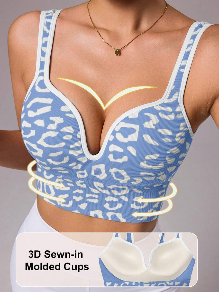 SHEIN Sovereign Charm 无缝豹纹运动文胸吊带衫 - 彩色 - 查看 1
