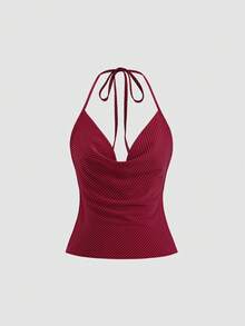 Sweetra 新款春夏Y2K性感露背修身休闲垂褶领吊带背心及长裤两件套，适合约会、日常穿着、通勤等多种场合，酒红色 - 酒紅色 - 查看 3