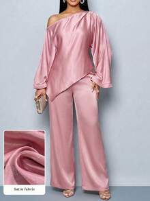 Modelyn Women's Satin Asymmetric-Shoulder Soft Pink Loose Top And Wide-Leg Pants 2 Pieces Set - Pink - View 4