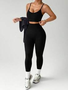 Rhythm Era Plus Size Black Seamless Camisole Long Sleeve Top And Pants Sports Suit Curve Leggings Women's Gym Wear Black Workout Set Athleisure For Women Gym Outfit For Women Women's Workout Set Black Activewear Set - Black - View 4