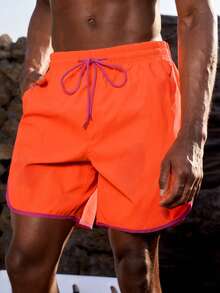 Manfinity VDAYZ Men's Contrast Trim Casual Beach Shorts Couple Matching Swimwear Vacation Couples Beach Wear Men And Women Matching Swimsuit Trunk Matching Swim Trunks And Bikini Bathing Suit Couple Set - Orange - View 4