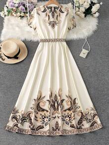 Franclia Đầm nữ in họa tiết hạt điều, cổ chữ V, eo thắt, tay phồng, thích hợp cho kỳ nghỉ xuân/hè. - Màu be - Xem 2