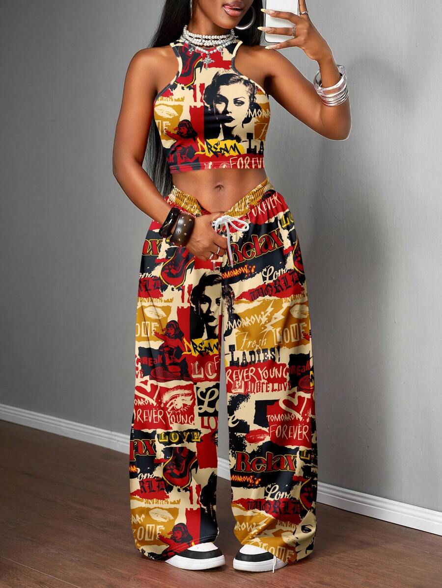 Slaydiva Conjunto de 2 piezas de top corto y pantalones con estampado todo sobre en talla grande para verano - Multicolor - Ver 1