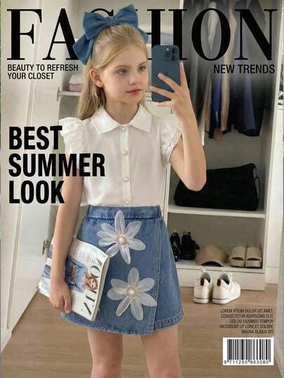 两件套短袖上衣搭配牛仔裤，3D立体花卉设计，适合夏季外出和度假。