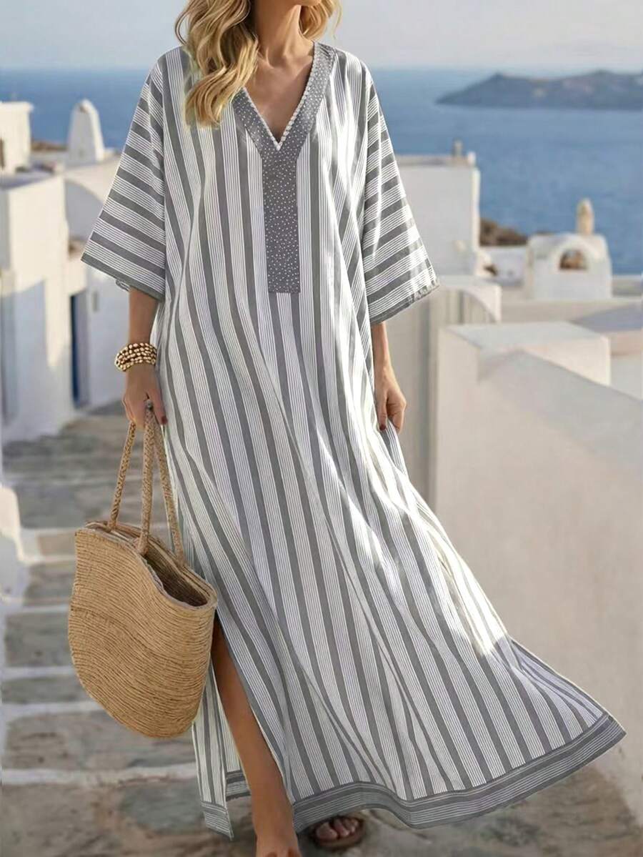 EMERY ROSE Fashionable Loose Casual Printed V-Neck Striped Blended Fabric Vacation Travel Robe For Women - Multicolor - View 1
