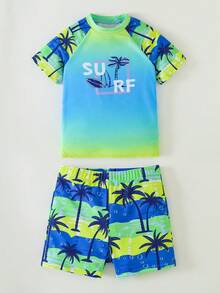 SHEIN Tween Boy Coconut Tree Print Beach Swimsuit Set - Multicolor - View 7
