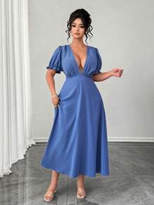 Elenzga Plus Size Women's Elegant Sky Blue V-Neck Tie Back Patchwork Midi Dress,Summer Puff Sleeve A-Line Party Dress For Prom Graduation & Vacation Outfits - Blue - View 5