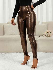 SHEIN Lady 女士时尚通勤鳄鱼纹高腰紧身裤 - 棕色 - 查看 5