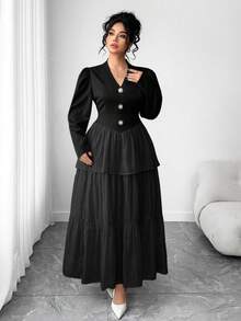 SHEIN Elenzya Plus Size V-Neck Button Waist Cinched Long Sleeve Mesh Layered Dress For Women Work Outfits Set Modest Outfits For Women - Black - View 1