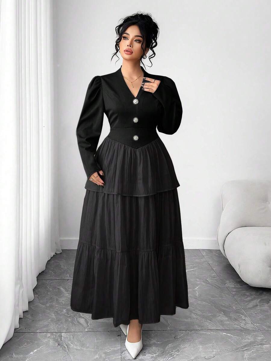SHEIN Elenzya Plus Size V-Neck Button Waist Cinched Long Sleeve Mesh Layered Dress For Women Work Outfits Set Modest Outfits For Women - Black - View 1