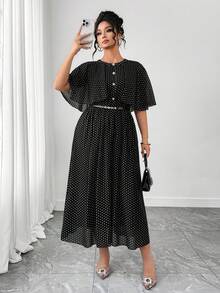 Elenzga 大码女士优雅雪纺波点圆领披肩袖珍珠纽扣装饰收腰中长连衣裙 - 黑色 - 查看 5