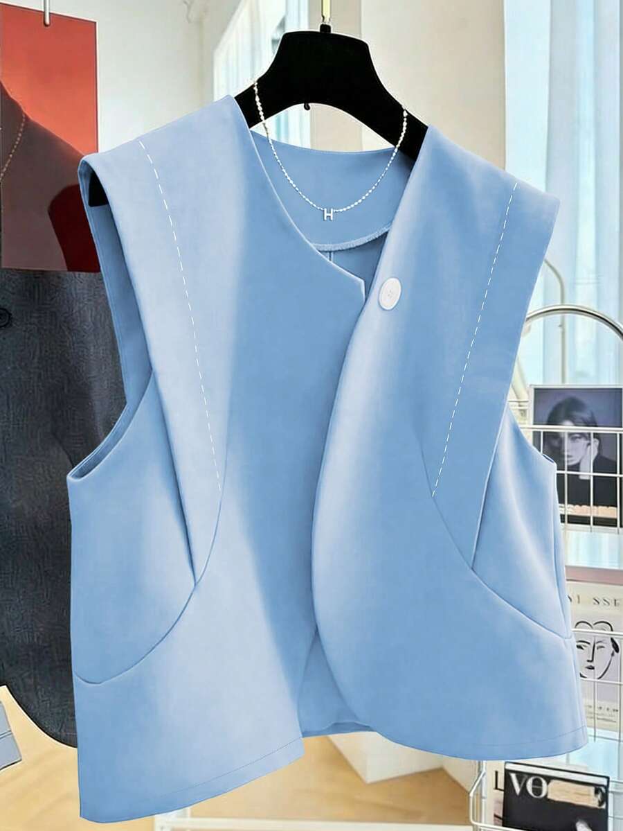 Lyxana Áo vest nữ ngắn không tay cổ tròn cài một hàng khuy, đường may trang trí, kiểu dáng công sở, áo sơ mi nữ, áo công sở chuyên nghiệp, áo kiểu nữ, áo công sở cho nữ. - Màu xanh nhạt - Xem 1
