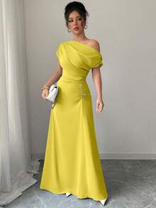 Elenzga Asymmetric Shoulder + Ruched Waist Dress - Mustard Yellow - View 6
