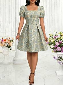 SHEIN Lady 女士花卉提花方领花瓣袖褶裥优雅迷你连衣裙 - 彩色 - 查看 6