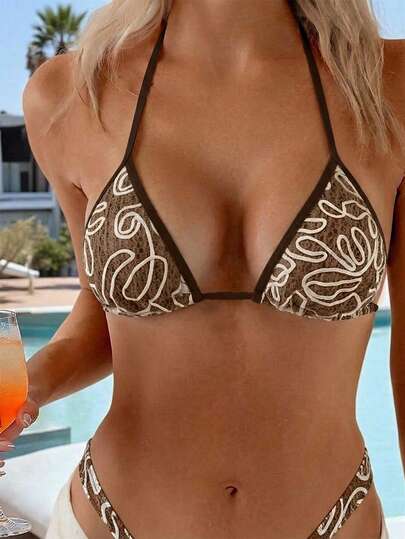  Swim Mod New Arrival Women's Boho Y2k Bohemian Retro Textured Beachy Vacation Style Triangle Bikini Top - Halter Tie Straps With Adjustable Neck & Waist Ties, Contrast Brown Binding - Openwork Crochet Knit With White Swirl Embroidery On Tan Base - Breathable Lightweight Fabric - Beachwear For Summer Vacation & Pool Parties, Easy To Match With Jeans, Daily Casual Wear, Textured Summer Beach Outfit