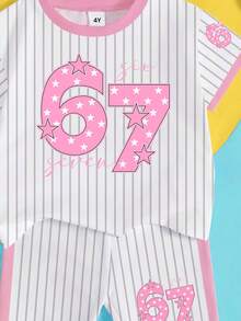 2件套，适合4-7岁女童，条纹+星星字母印花短袖T恤和短裤，轻便运动休闲套装，适合日常穿着、上学、休闲、春夏秋季。 - 彩色 - 查看 6