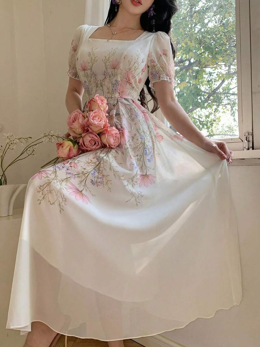Modelyn 女士方领印花收腰连衣裙,饰有3D立体花卉图案 - 彩色 - 查看 1