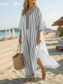 EMERY ROSE Fashionable Loose Casual Printed V-Neck Striped Blended Fabric Vacation Travel Robe For Women - Multicolor - View 4
