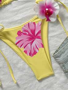 Swim Mod 女士夏季沙滩印花挂脖系带休闲比基尼和三角泳裤套装 - 彩色 - 查看 12