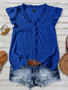 Linhara Plus Size Women's Solid Color Textured V-Neck Ruffle Trim Petal Sleeve Fitted Casual Regular Blouse - Royal Blue - View 3