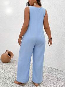 EMERY ROSE Plus Size Women's Summer Casual Vacation Daily Commute Hollow Out Embroidery Sleeveless Wide Leg Jumpsuit (Excluding T-Shirt) - Blue - View 2