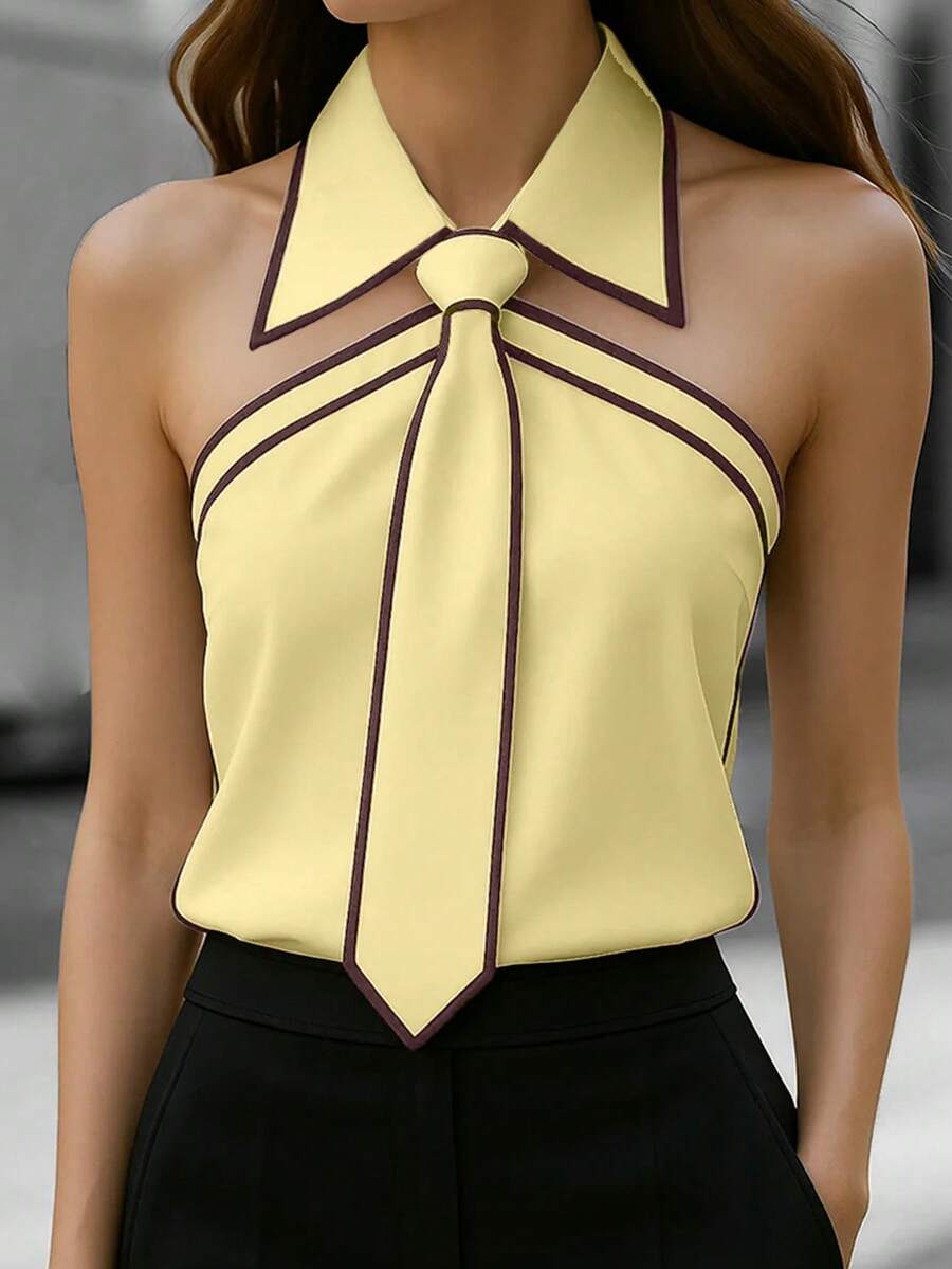 Easura 大码女式春夏无袖黑白撞色系带领优雅通勤衬衫 - 淡黃色 - 查看 1