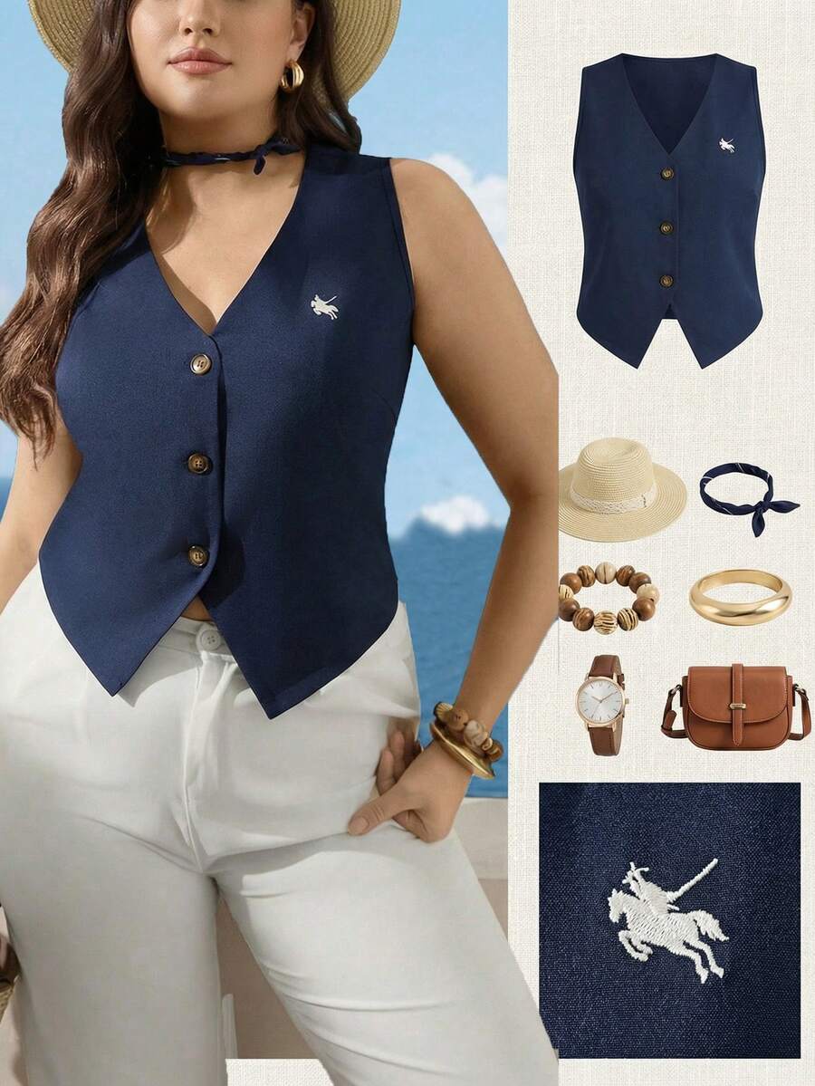 Zelara Áo sơ mi cỡ lớn, màu trơn, cổ chữ V, không tay, kiểu dáng thường ngày, cài cúc phía trước. - Màu xanh lam - Xem 1