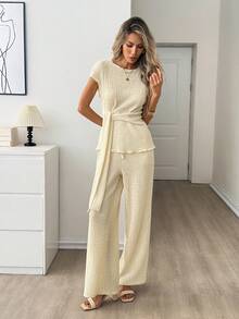 Easowa Women's Cream 2 Pieces Set,Elegant Summer Ruffle Round Neck Top Wide Leg Pants,Casual Brunch Vacation Outfits,Work Tea Party Clothes For Ladies - Apricot - View 5