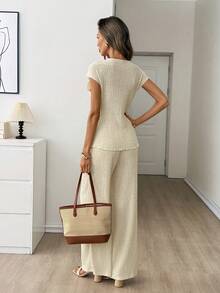 Easowa Women's Cream 2 Pieces Set,Elegant Summer Ruffle Round Neck Top Wide Leg Pants,Casual Brunch Vacation Outfits,Work Tea Party Clothes For Ladies - Apricot - View 2