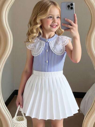 Elladie kids Girls (Small) Lace Patchwork Blue & White Striped Vest Shirt + White Pleated Skirt 2pcs Set, Fresh & Fashionable Outfit For Kids Summer Outdoor Wear Collared Dress Girls Girls Dress Blue And White Girls Elegant Pleated Button Down Pleated Skirt Set Girls Girls Peter Pan Collar Dress New Ss26 Fashion  Summer Md Dresses For Girls Kids Blouses For Girls Formal Attire For Kids Girl School Girl Dress Dress For Kids Elegant Squishy Summer Outfits