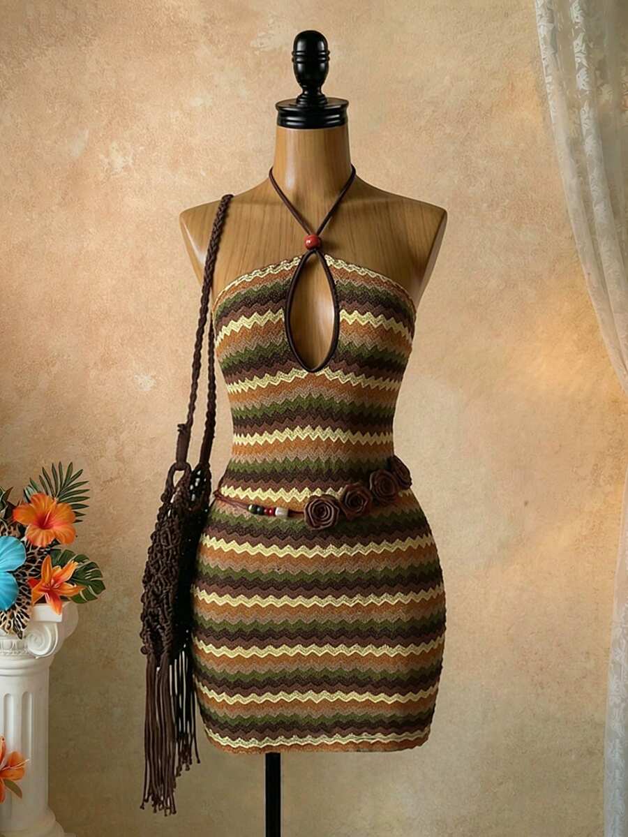 Solea Vida New Vacation Spaghetti Strap Hollow Striped Bodycon Dress - Multicolor - View 1