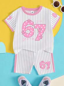 2件套，适合4-7岁女童，条纹+星星字母印花短袖T恤和短裤，轻便运动休闲套装，适合日常穿着、上学、休闲、春夏秋季。 - 彩色 - 查看 4