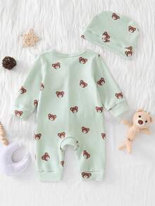SHEIN Vintaside Kids 新生儿米色小熊图案长袖连体衣带帽子套装 - 薄荷綠 - 查看 3