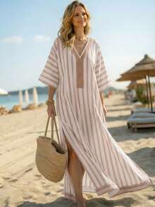 Balvessa 时尚宽松休闲印花V领条纹混纺面料女士度假旅行睡袍 - 彩色 - 查看 5