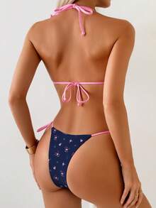 Swim Mod Bikini Wanita Motif Bunga Kecil Manis dengan Tali Pengikat di Depan, Pilihan Musim Semi dan Musim Panas untuk Liburan. - Navy Blue - View 2