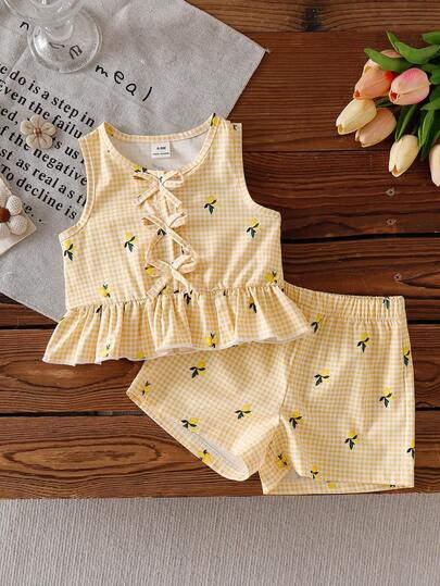 SHEIN 女婴蝴蝶结装饰格子荷叶边下摆背心和短裤可爱套装