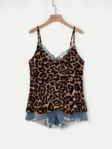 Mellowie Plus Size Women's V-Neck Lace Patchwork Spaghetti Strap Leopard Print Camisole, Elegant For Vacation, Date, Party, Summer - Brown - View 3