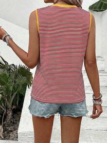 Selamara Women's Casual Round Neck Sleeveless Contrast Trim Striped Print Pattern Tank Top - Multicolor - View 2